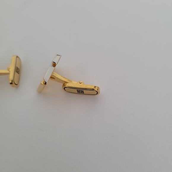 Givenchy G French Tie Bar Clip Cufflinks Set Gold Silver Tone Logo Geometric - Picture 6 of 8